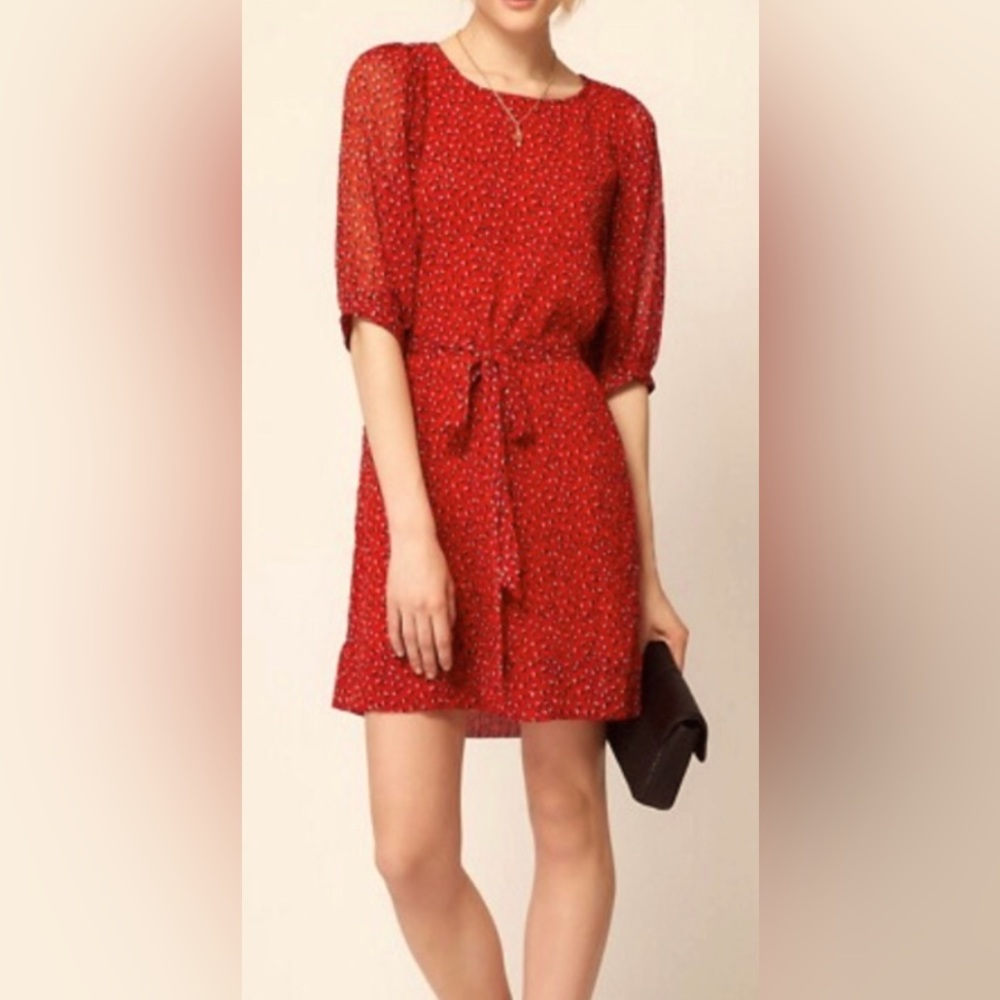 French Connection Red Calypso Flower Mini Tunic Dress 1/2 Dolman Sleeves ZB15